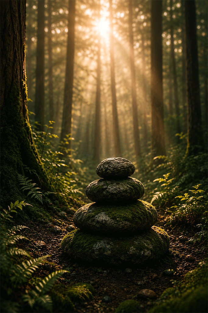 Stacked stones in a sunlit forest representing spiritual balance and reflection